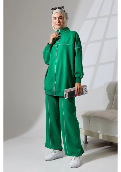 Kadın Benetton Yeşili Mevsimlik Penye Alt Üst Spor ve Rahat Ikili Tunik Pantolon Şık Tesettür Takım modelleri