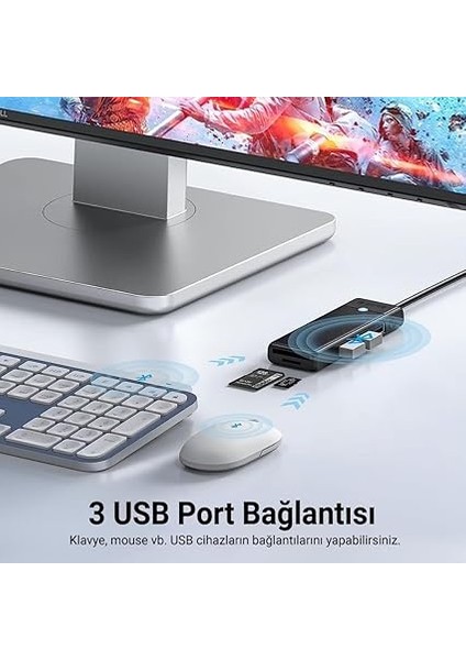 Type-C To 3.0 Tf Sd Kart Okuyucu 3 Portlu USB 3.0 Çoklayıcı Adaptör Siyah fiyatları
