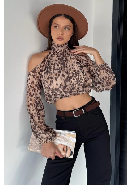Iç Astarlı Omuz Dekolteli Kadın Crop Top Şifon Bluz P-00018952 modelleri