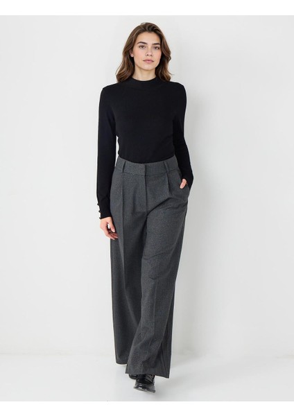 Antrasit Rahat Kesim Bol Paça Yüksek Bel Desenli Pantolon
