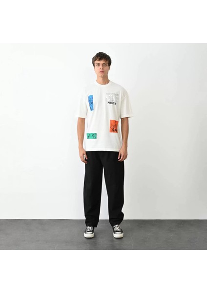 Unisex Bisiklet Yaka Baskılı Oversize T-Shirt - Beyaz