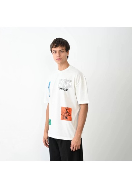 Unisex Bisiklet Yaka Baskılı Oversize T-Shirt - Beyaz modelleri