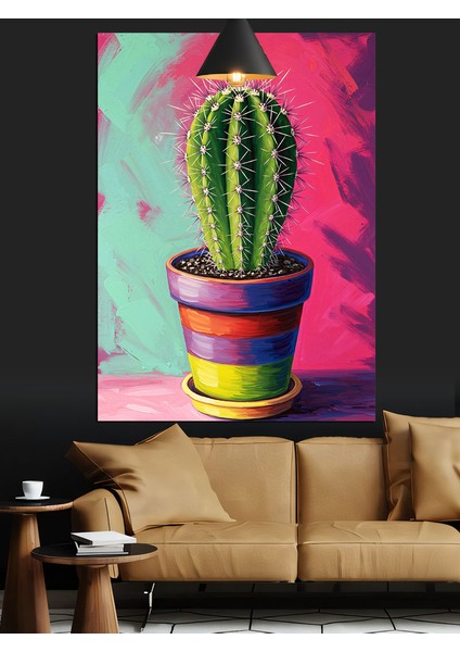 Parlak Pembe Saksıda Yeşil Kaktüs Bitkisi Dekoratif Kanvas - Mdf Ahşap Tablo fiyatları