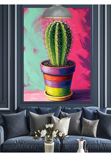 Parlak Pembe Saksıda Yeşil Kaktüs Bitkisi Dekoratif Kanvas - Mdf Ahşap Tablo fırsatları