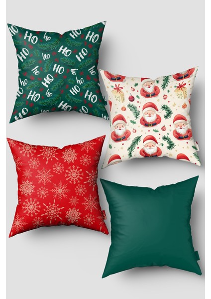 Noel Temalı Çam Dalları ve Kar Taneleri 4'lü Kırlent Kılıfı Seti