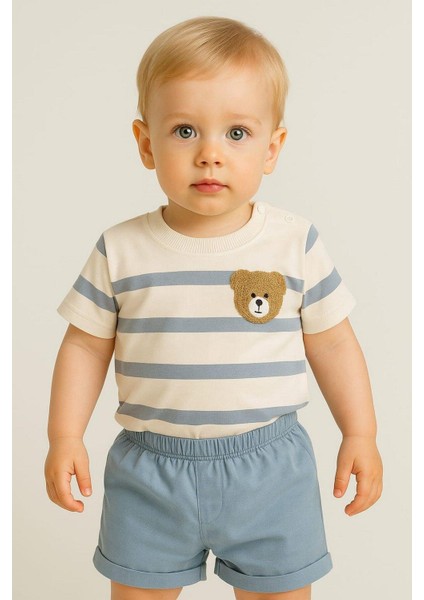 Erkek Bebek Çizgili Ayıcık Nakışlı 2li Yazlık Takım Alt Üst 6-9-12AYLIK