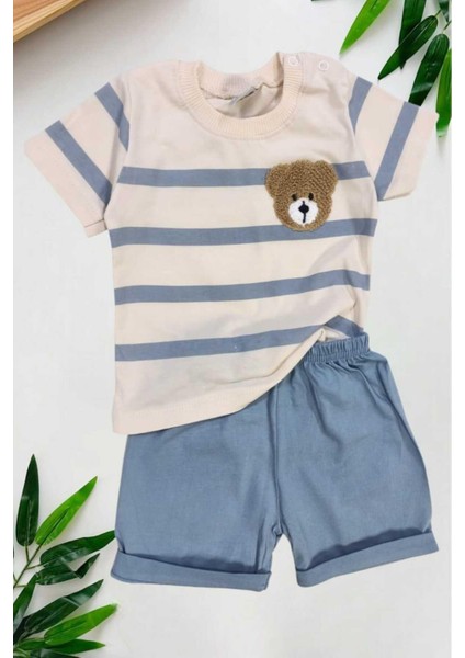Erkek Bebek Çizgili Ayıcık Nakışlı 2li Yazlık Takım Alt Üst 6-9-12AYLIK modelleri