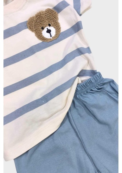 Erkek Bebek Çizgili Ayıcık Nakışlı 2li Yazlık Takım Alt Üst 6-9-12AYLIK fırsatları