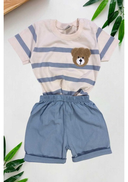 Erkek Bebek Çizgili Ayıcık Nakışlı 2li Yazlık Takım Alt Üst 6-9-12AYLIK