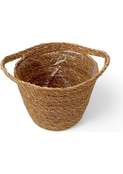 El Yapımı Çift Kulplu Hasır Saksılık | Iç Koruma Poşetli, Doğal ve Dekoratif Çift Kulplu Saksı | Bitkileriniz Için Rustik Tasarım (17CM) - Deconox El Yapımı Çift Kulplu Iç Koruma Poşetli. modelleri