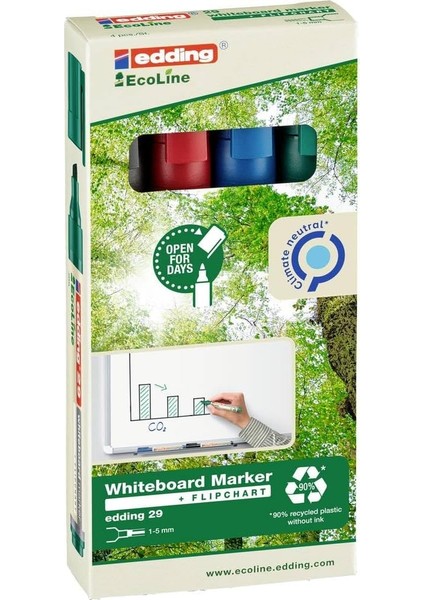 29 Ecoline Beyaz Yazı Tahtası Kalemi, 4'lü Set, Karışık Renkler, Kesik Uç, Yeniden Doldurulabilir