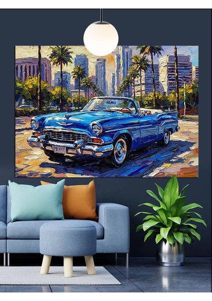 Mavi Klasik Araba Şehir Manzarası Dekoratif Kanvas - Mdf Ahşap Tablo