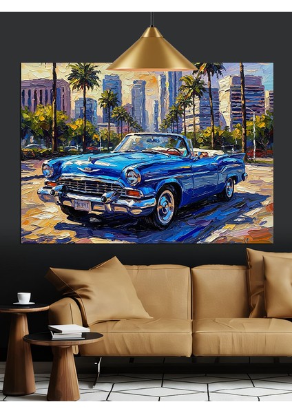 Mavi Klasik Araba Şehir Manzarası Dekoratif Kanvas - Mdf Ahşap Tablo fiyatları