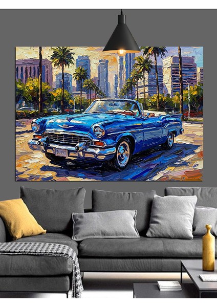 Mavi Klasik Araba Şehir Manzarası Dekoratif Kanvas - Mdf Ahşap Tablo modelleri