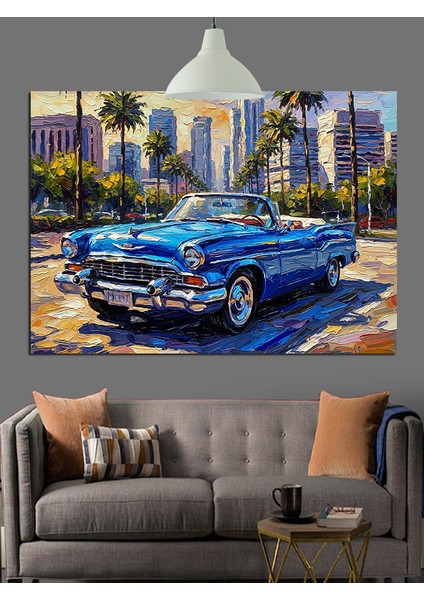 Mavi Klasik Araba Şehir Manzarası Dekoratif Kanvas - Mdf Ahşap Tablo fırsatları
