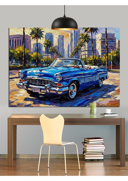 Mavi Klasik Araba Şehir Manzarası Dekoratif Kanvas - Mdf Ahşap Tablo indirimleri