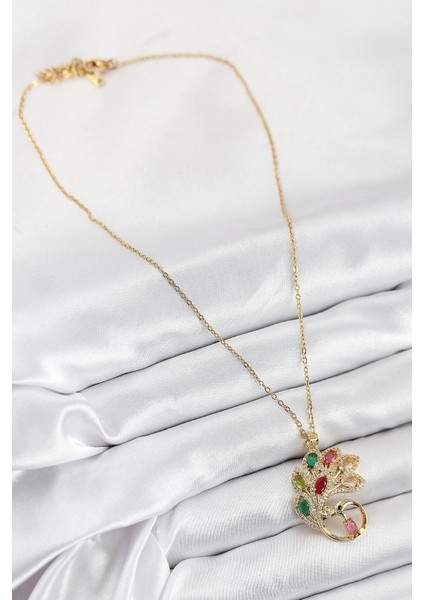 Bfs 316L Çelik Zirkon Taşlı Tavus Kuşu Model Gold Renk Kadın Kolye fiyatları