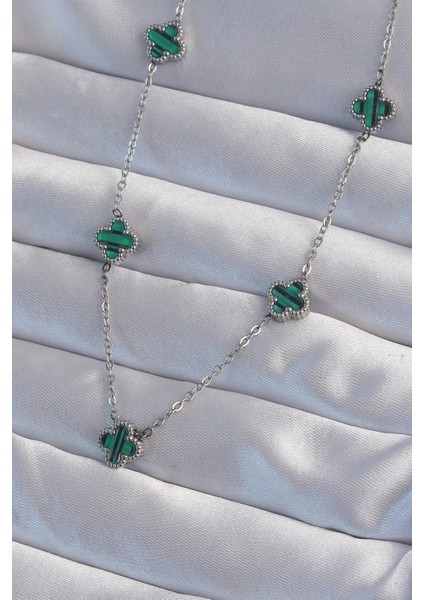 Bfs 316L Çelik Gümüş Renk Minimal Yeşil Mineli Yonca Kolye