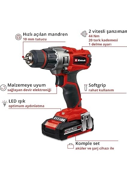 Akülü Vidalama Te-Cd 18/2 Li (2x 2,0 Ah) Power X-Change (18 V, 44 Nm, 10 mm Hızlı Açılan Mandren, 20 Tork Kademesi, 2 x 2.0 Ah Akü ve Şarj Cihazı Dahil) modelleri