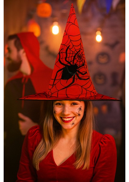 Hallowen cadı şapkası Kırmızı Dev Örümcek Desenli