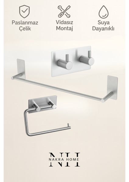 3'lü Set (Paslanmaz Çelik Yapışkanlı Havlu Askılığı, Tuvalet Kağıtlığı ve 2'li Askılık) Yapışkanlı