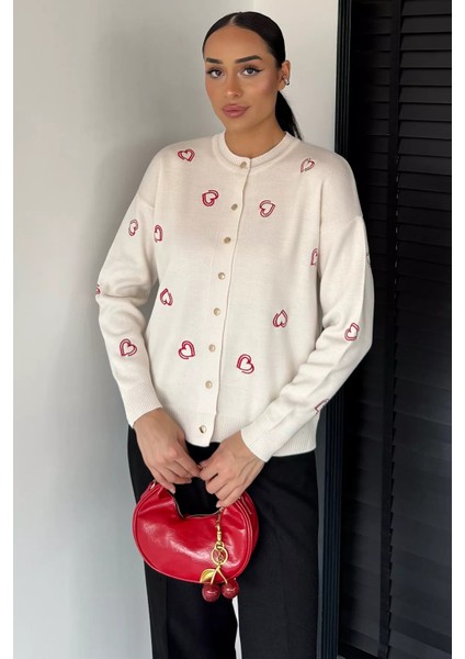 Kalp Nakışlı Kadın Triko Hırka (S-M-L Uyumludur) P-00018884