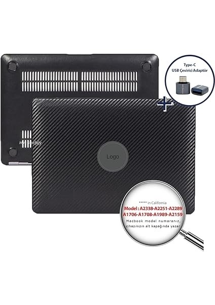Macbook Pro Kılıf 13 Inç M1-M2 A1706-08 A1989 A2159 A2251 A2289 A2338 Uyumlu Karbon Fiber Siyah modelleri