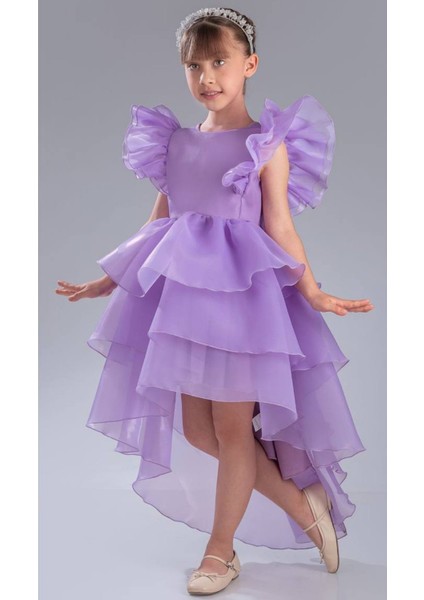 Kız Çocuk Lila Abiye Elbise Fırfırlı, Ön Kısa Arka Uzun Özel Gün Elbisesi