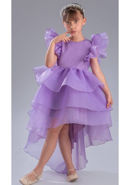 Kız Çocuk Lila Abiye Elbise Fırfırlı, Ön Kısa Arka Uzun Özel Gün Elbisesi fiyatları
