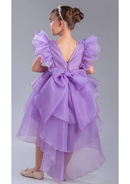 Kız Çocuk Lila Abiye Elbise Fırfırlı, Ön Kısa Arka Uzun Özel Gün Elbisesi modelleri