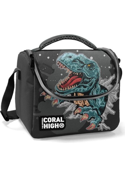 Erkek Okul Okul Beslenme Çantası - Siyah Gri Dinazor - Astarlı