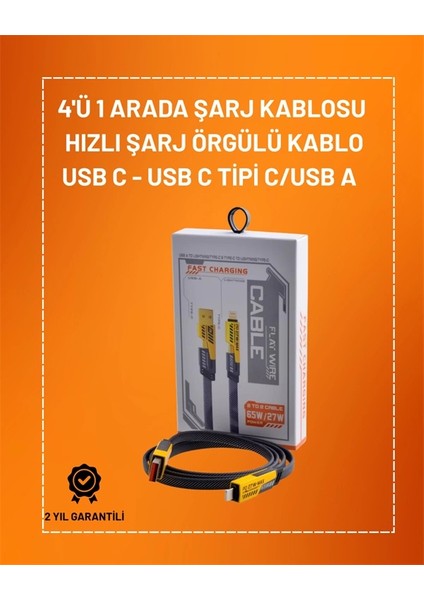 4'ü 1 Arada USB Hızlı Şarj ve Veri Kablosu – 65W Güç, Çoklu Bağlantı, 1.2m