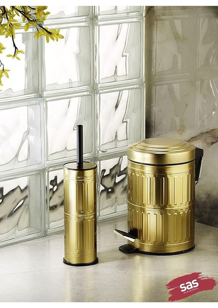 Haus Pedallı Çöp Kovası Tuvalet Wc Fırçası Banyo Çöp Kovası 2li Banyo Seti 5 Litre Gold Vintage