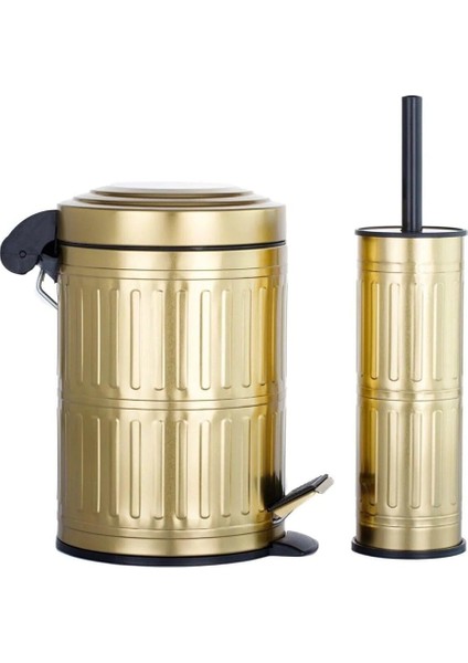 Haus Pedallı Çöp Kovası Tuvalet Wc Fırçası Banyo Çöp Kovası 2li Banyo Seti 5 Litre Gold Vintage modelleri