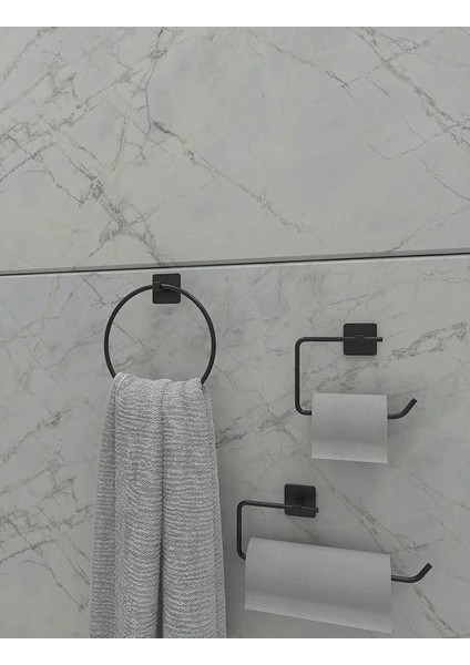 Banyo Yapışkanlı Siyah Kare Topuz Havluluk ve Kare Tuvalet Kağıtlık Kare Peçetelik Seti Düzenleyici