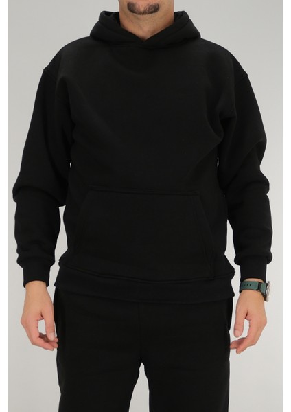 Erkek Siyah Oversize Kapüşonlu Sweatshirt 3 Iplik Şardonlu Kanguru Cepli