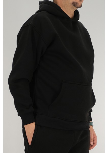 Erkek Siyah Oversize Kapüşonlu Sweatshirt 3 Iplik Şardonlu Kanguru Cepli fiyatları