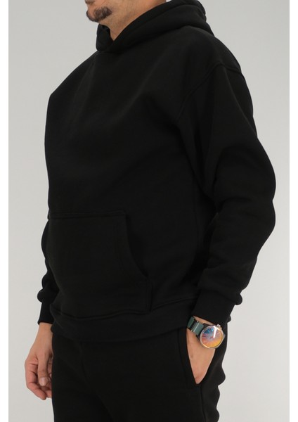 Erkek Siyah Oversize Kapüşonlu Sweatshirt 3 Iplik Şardonlu Kanguru Cepli modelleri