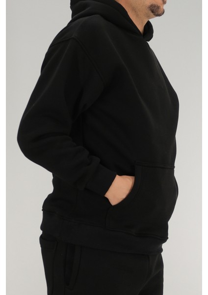Erkek Siyah Oversize Kapüşonlu Sweatshirt 3 Iplik Şardonlu Kanguru Cepli indirimleri