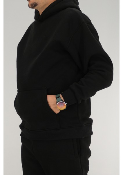 Erkek Siyah Oversize Kapüşonlu Sweatshirt 3 Iplik Şardonlu Kanguru Cepli