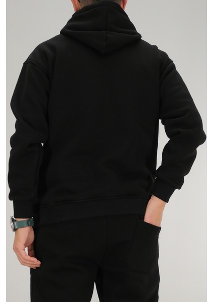 Erkek Siyah Oversize Kapüşonlu Sweatshirt 3 Iplik Şardonlu Kanguru Cepli