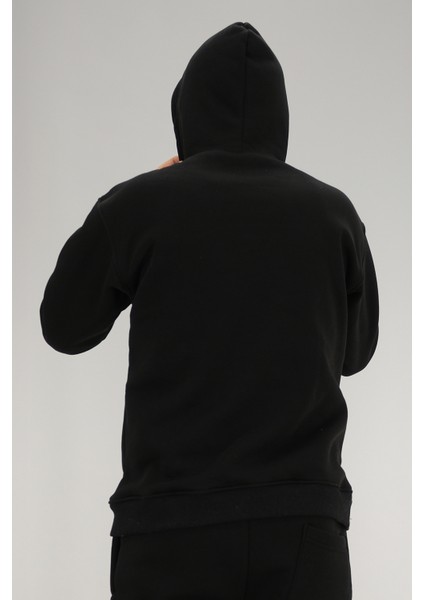 Erkek Siyah Oversize Kapüşonlu Sweatshirt 3 Iplik Şardonlu Kanguru Cepli