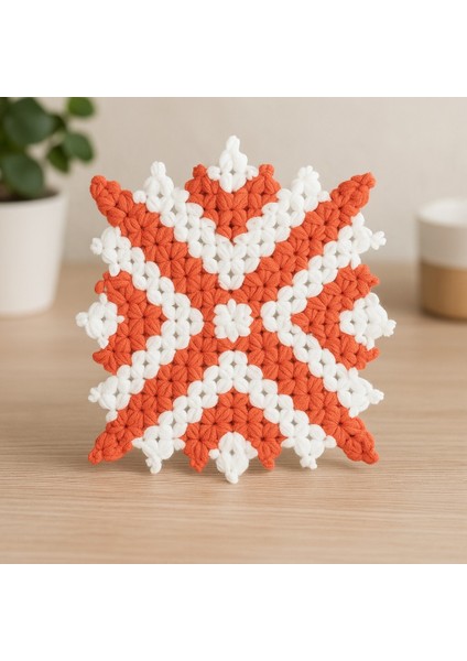 El Yapımı Turuncu-Beyaz Yıldız Desenli Çok Amaçlı – Modern ve Zarif El Örgüsü Banyo Lifi/motif