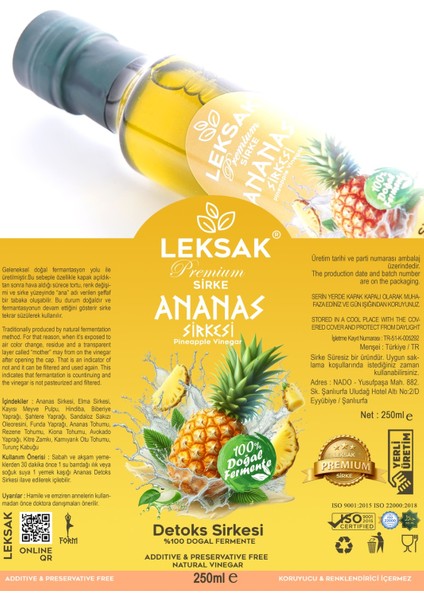 Ananas Sirkesi 250ML Detoks Sirke Cam Şişede %100 Doğal Fermente - Detox Form Sirkesi