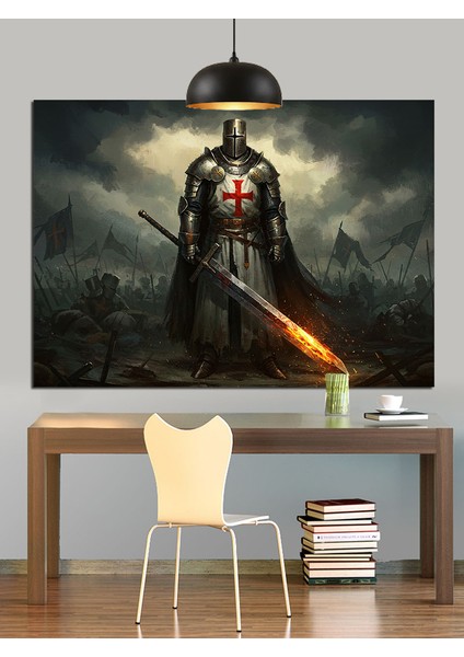 Kara Pelerinli Kılıç Tutan Savaşçı Dekoratif Kanvas - Mdf Ahşap Tablo