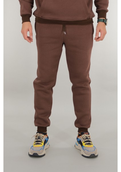 Erkek Kahverengi Eşofman Altı Rahat Kesim 3 Iplik Şardonlu Ipli Ribana Bel