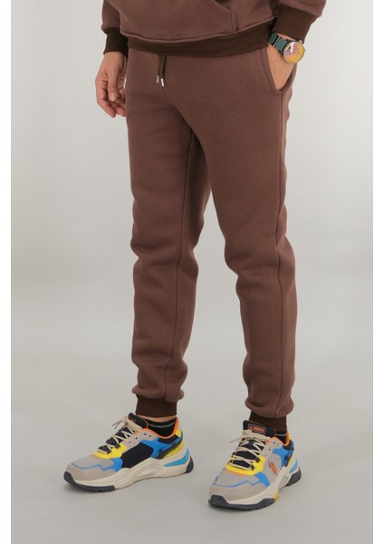 Erkek Kahverengi Eşofman Altı Rahat Kesim 3 Iplik Şardonlu Ipli Ribana Bel modelleri