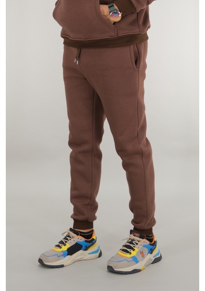 Erkek Kahverengi Eşofman Altı Rahat Kesim 3 Iplik Şardonlu Ipli Ribana Bel