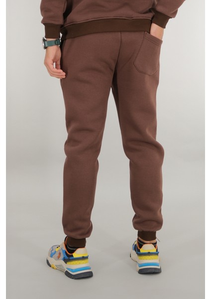 Erkek Kahverengi Eşofman Altı Rahat Kesim 3 Iplik Şardonlu Ipli Ribana Bel