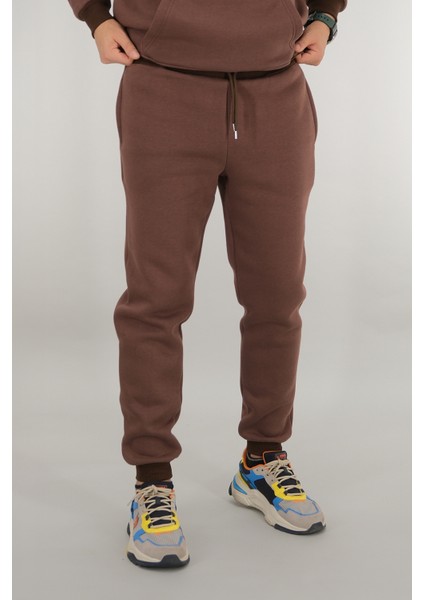 Erkek Kahverengi Eşofman Altı Rahat Kesim 3 Iplik Şardonlu Ipli Ribana Bel